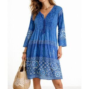Novica Embroidered Blue Boho Cotton Easy Fit Tunic Dress Womens Size Medium